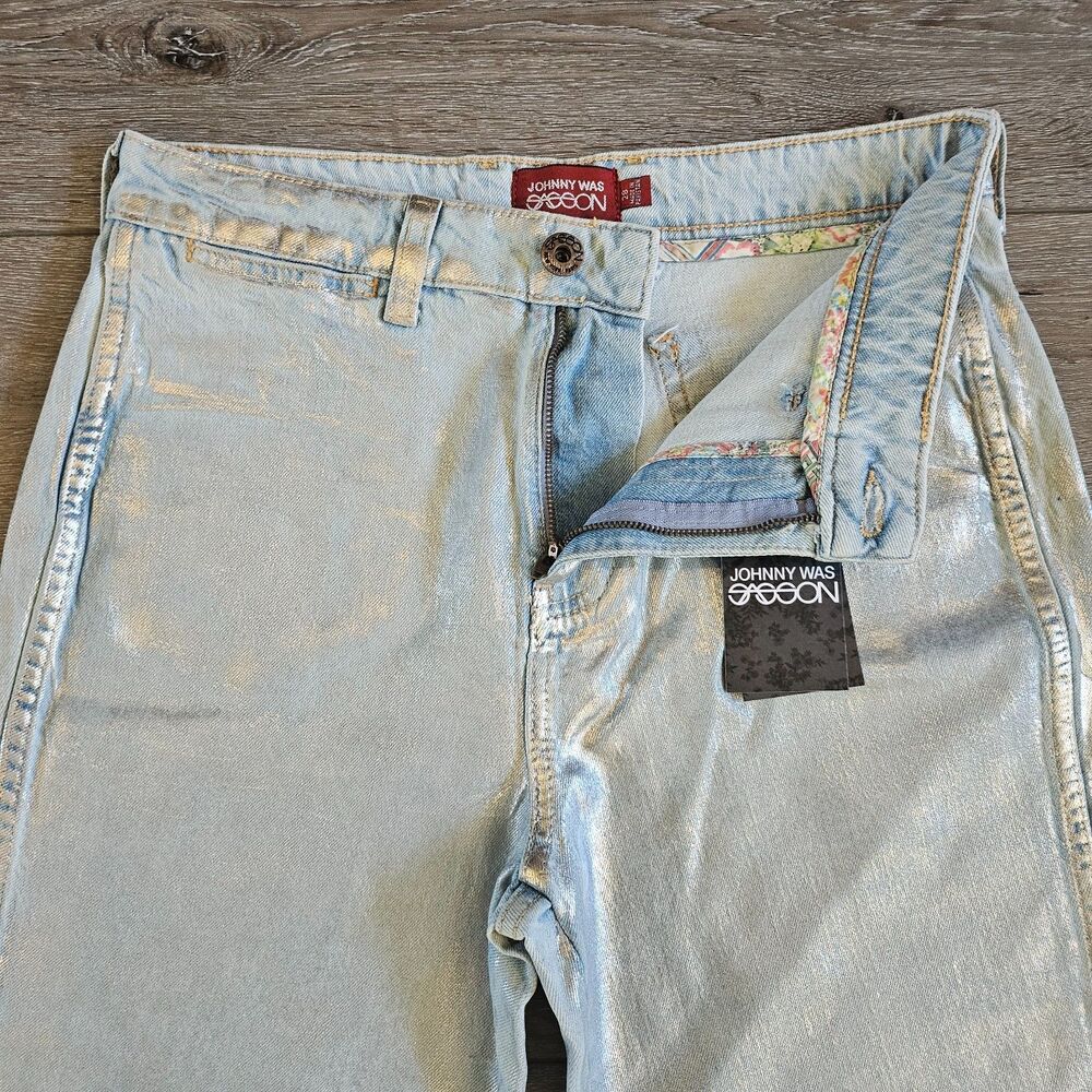 Johnny Was x Sasson Sancere Waxed Metallic Jeans Womens Size 28 Straight Y2k NWT - Picture 6 of 10